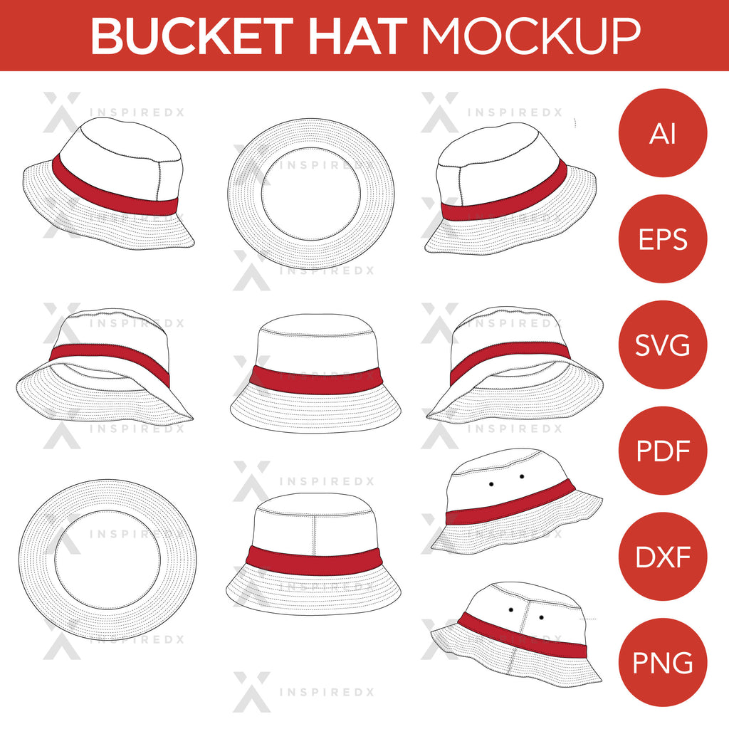 Bucket Hat - Mockup and Template - 10 Angles, Layered, Detailed and Editable Vector in EPS, SVG, AI, PNG, DXF and PDF