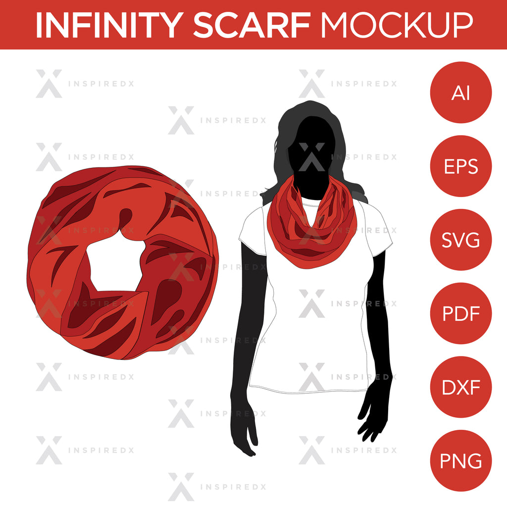 Infinity Scarf/Scarves - Mockup and Template - 2 Styles, Layered, Detailed and Editable Vector in EPS, SVG, AI, PNG, DXF and PDF