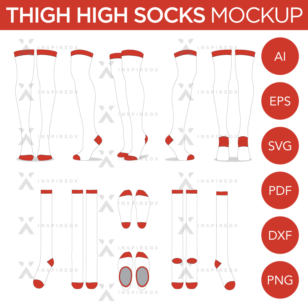 Thigh High Socks - Mockup and Template - 11 Angles, Layered, Detailed and Editable Vector in EPS, SVG, AI, PNG, DXF and PDF