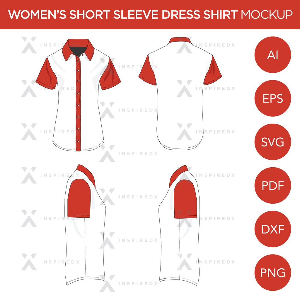 Women's Short Sleeve Dress Shirt - Mockup and Template - 4 Angles, 1 Style, Layered, Detailed and Editable Vector in EPS, SVG, AI, PNG, DXF and PDF