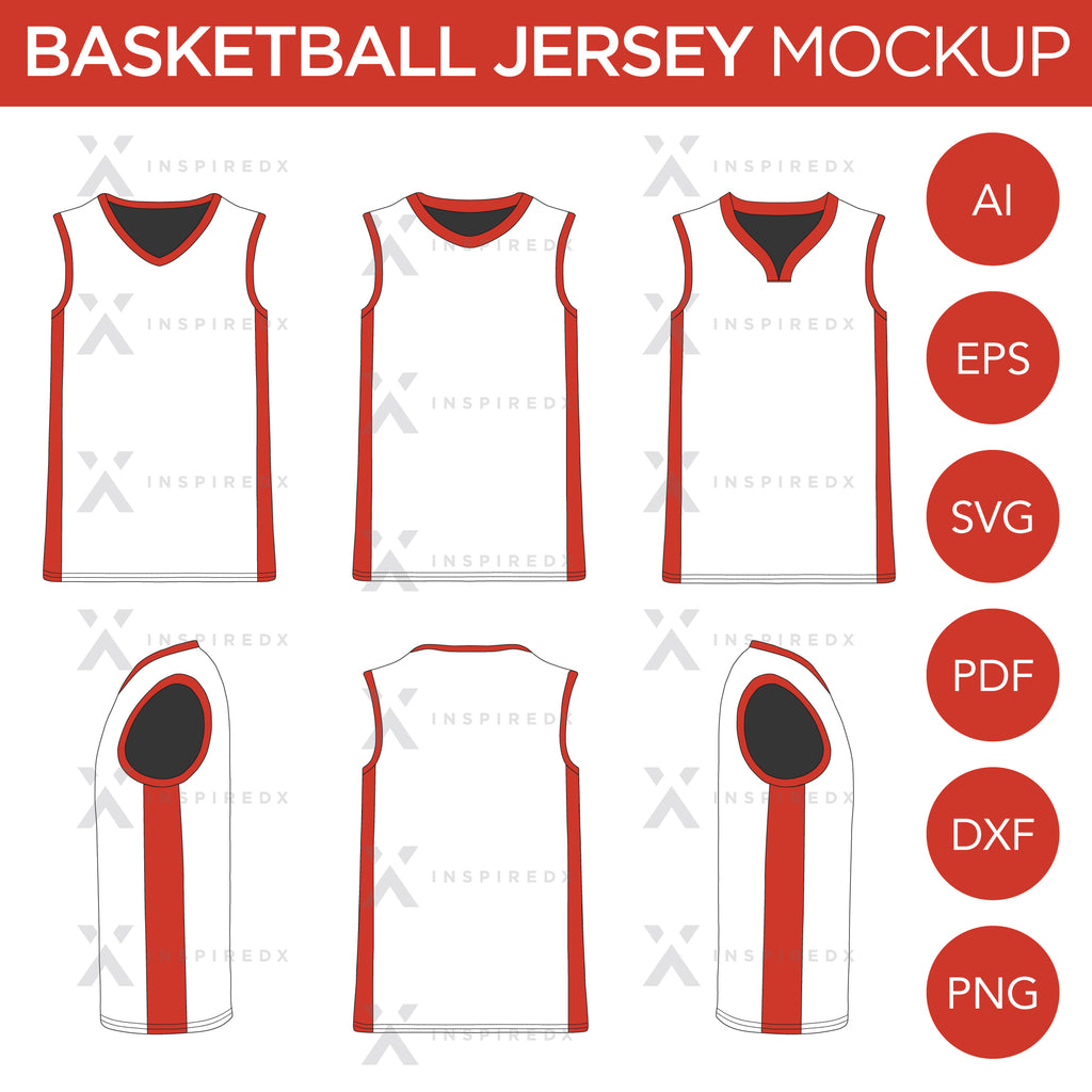 Basketball Jersey - Mockup and Template - 4 Angles, 3 Styles, Layered, Detailed and Editable Vector in EPS, SVG, AI, PNG, DXF and PDF