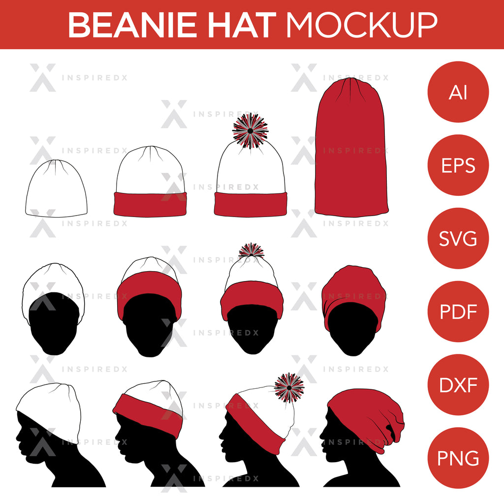 Beanie, Toque, Knit and Winter Hat - Mockup and Template - 12 Angles, Layered, Detailed and Editable Vector in EPS, SVG, AI, PNG, DXF and PDF