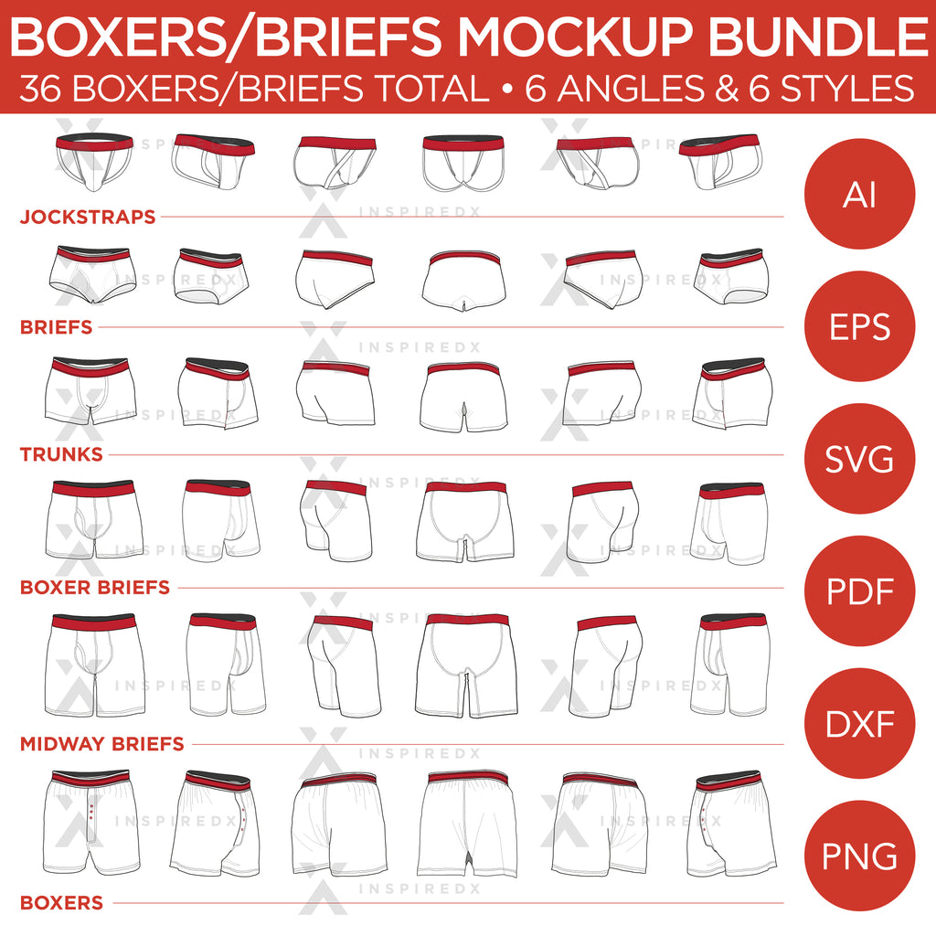 Boxers/Briefs Bundle - Mockup and Template, 36 Total, 6 Angles, 6 Styles, Layered, Detailed & Editable Vector in EPS, SVG, AI, PNG, DXF and PDF