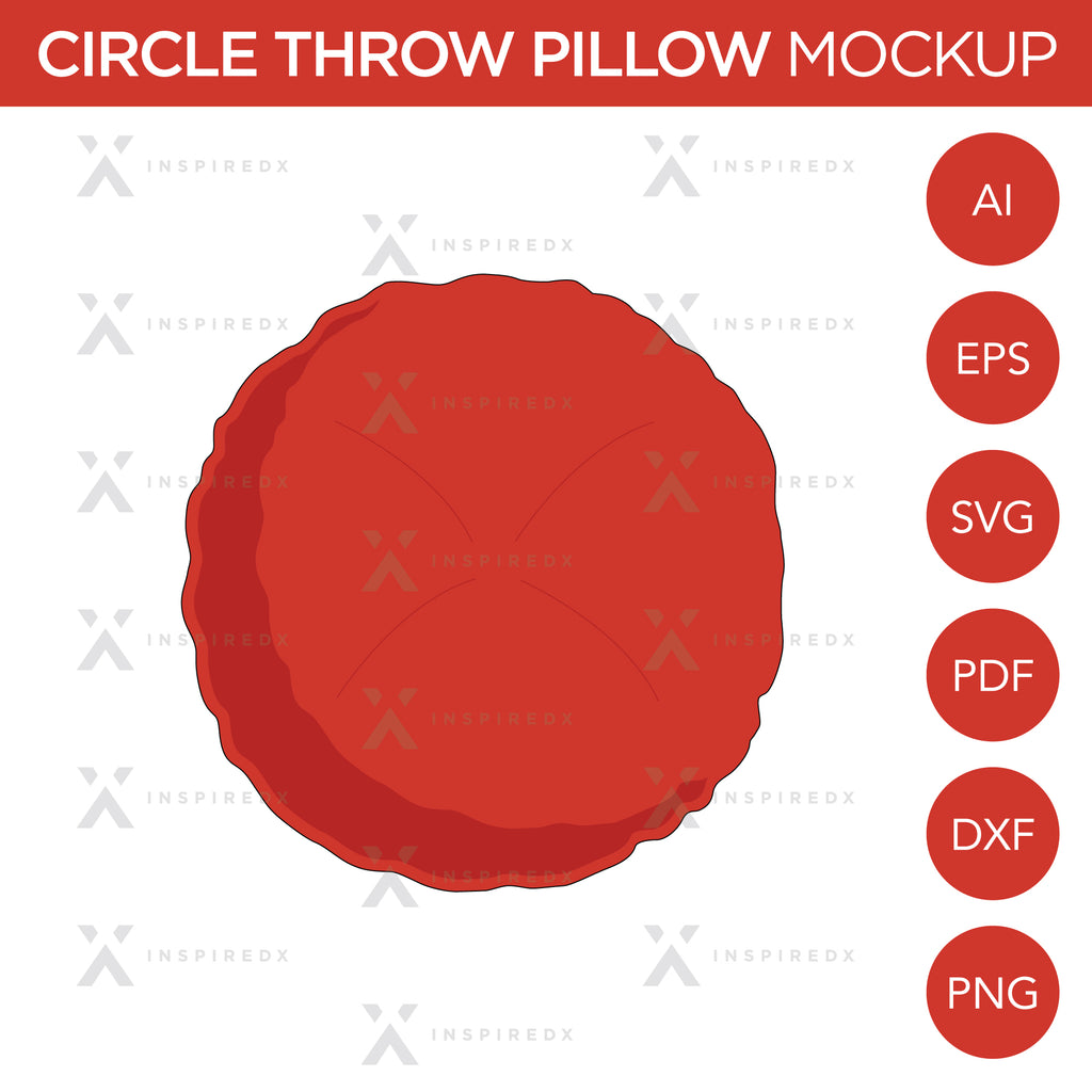 Circle Throw Pillow - Mockup and Template - 1 Angles, 1 Style, Layered, Detailed and Editable Vector in EPS, SVG, AI, PNG, DXF and PDF