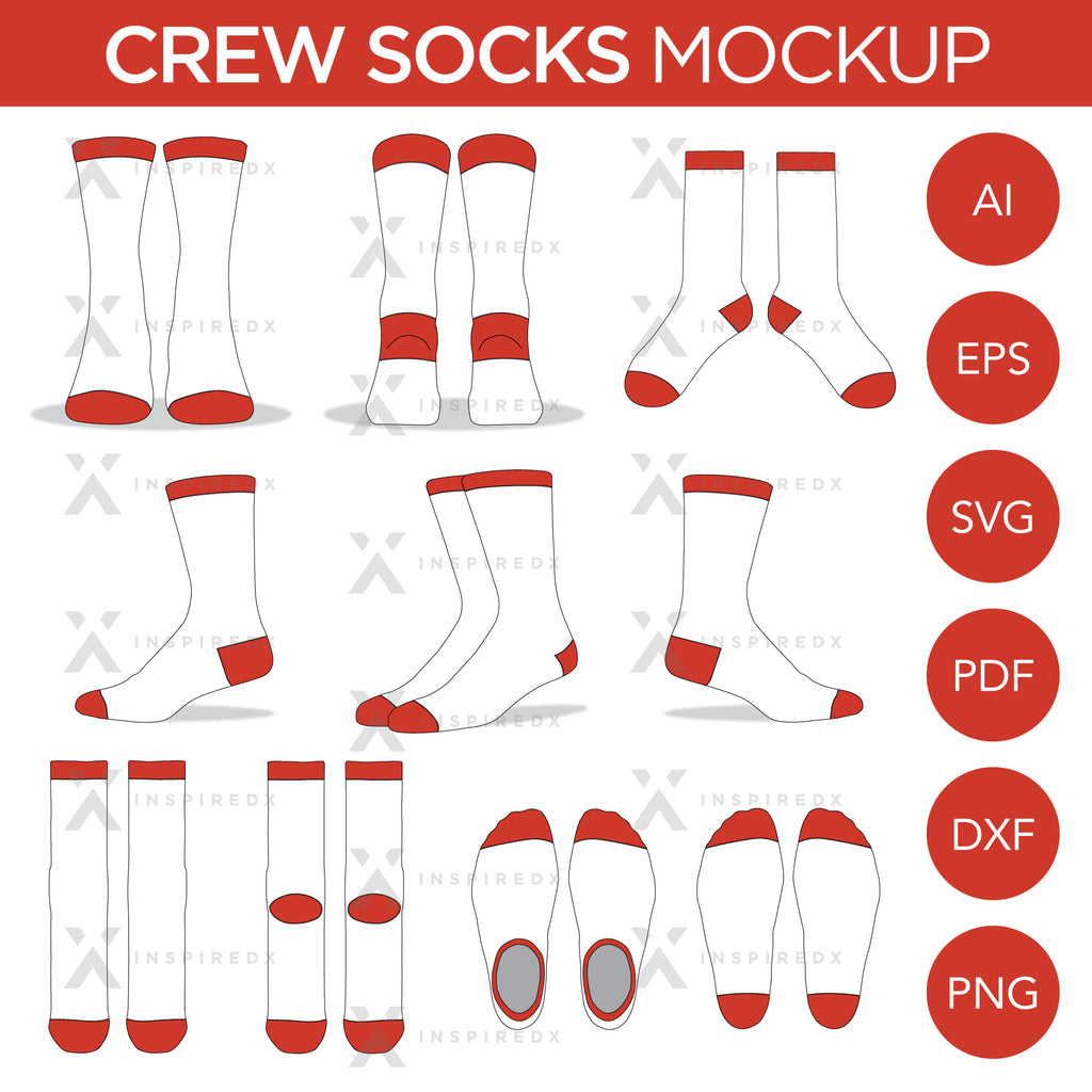 Socks - Mockup and Template -11 Angles, Layered, Detailed and Editable Vector in EPS, SVG, AI, PNG, DXF and PDF