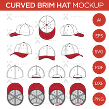 Load image into Gallery viewer, Curved Brim Baseball Cap - Mockup and Template - 8 Angles, Layered, Detailed and Editable Vector in EPS, SVG, AI, PNG, DXF and PDF