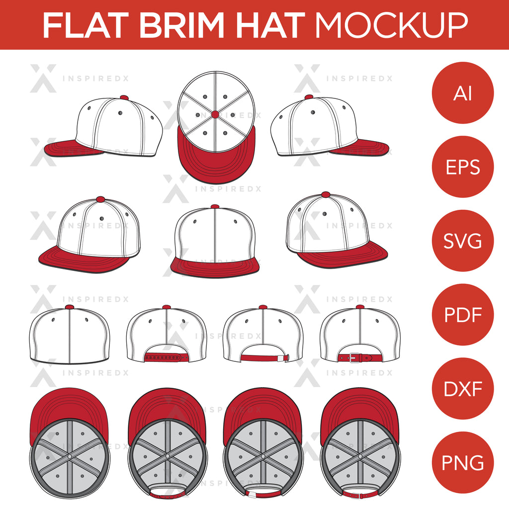 Flat Brim Baseball Cap - Mockup and Template - 8 Angles, Layered, Detailed and Editable Vector in EPS, SVG, AI, PNG, DXF and PDF