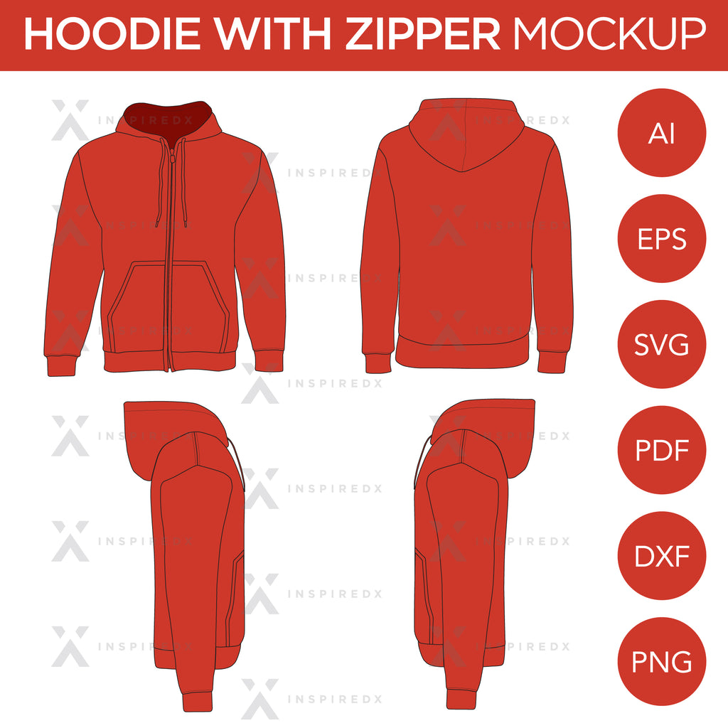 Hoodie with Zipper - Mockup and Template - 4 Angles, 1 Style, Layered, Detailed and Editable Vector in EPS, SVG, AI, PNG, DXF and PDF