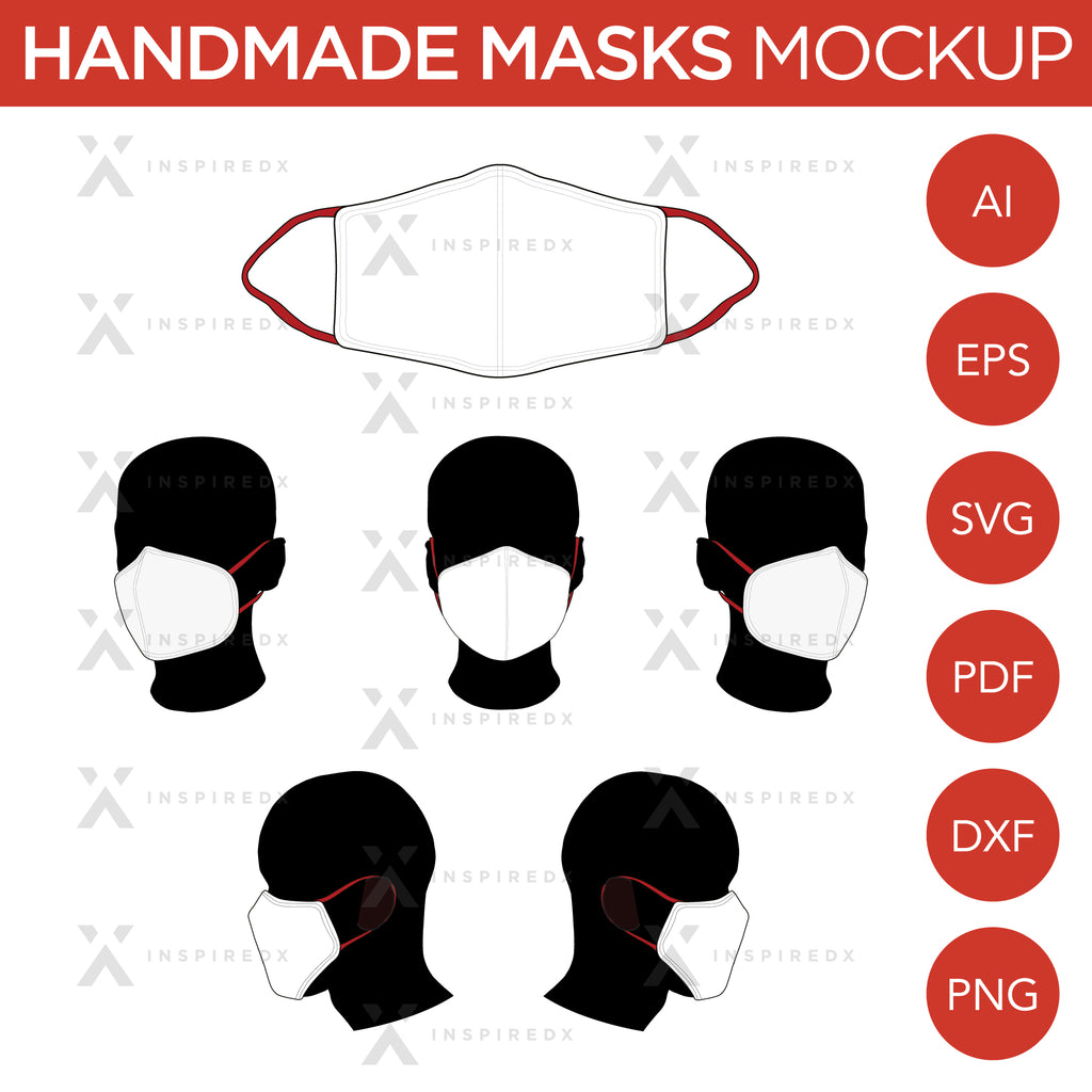 Handmade Masks - Mockup and Template - 6 Angles, 1 Style, Layered, Detailed and Editable Vector in EPS, SVG, AI, PNG, DXF and PDF