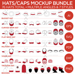 Hats/Caps Bundle - Bucket Hats, Curved Brim Hats, Flat Brim Hats, Military Caps, Visor Hats, Trucker Cap, Beanies - Mockup and Template - 76 Hats Total, Multiple Angles, 7 Styles, Layered, Detailed and Editable Vector in EPS, SVG, AI, PNG, DXF and PDF