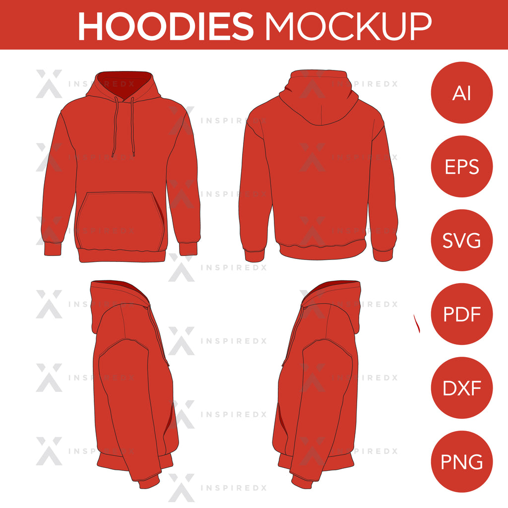 Hoodie - Mockup and Template - 4 Angles, 1 Style, Layered, Detailed and Editable Vector in EPS, SVG, AI, PNG, DXF and PDF