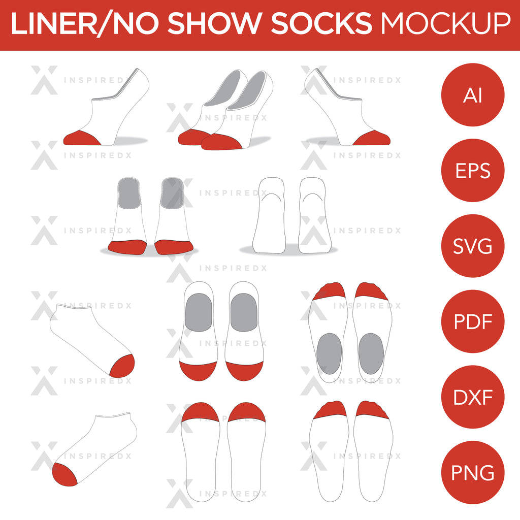 LIner No Show Ankle Socks - Mockup and Template - 11 Angles, Layered, Detailed and Editable Vector in EPS, SVG, AI, PNG, DXF and PDF