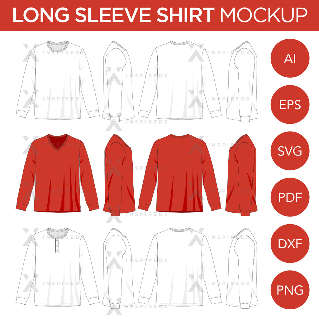 Long Sleeve T-Shirt, V-Neck, Henley Shirts - Mockup and Template - 12 Angles, 3 Styles, Layered, Detailed and Editable Vector in EPS, SVG, AI, PNG, DXF and PDF
