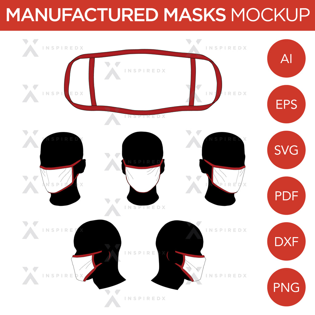 Manufactured Masks - Mockup and Template - 6 Angles, 1 Style, Layered, Detailed and Editable Vector in EPS, SVG, AI, PNG, DXF and PDF