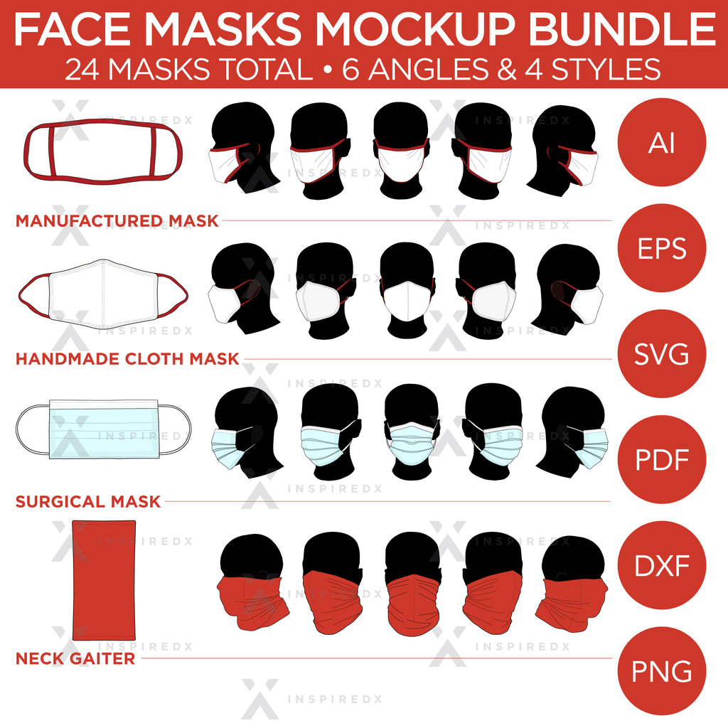 Face Masks & Neck Gaiter Bundle - Mockup and Template - Handmade Masks, Manufactured Masks, Sugical Masks, Neck Gaiter - 6 Angles, 4 Styles, Layered, Detailed and Editable Vector in EPS, SVG, AI, PNG, DXF and PDF