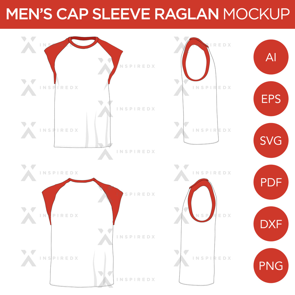 Raglan Men's Cap Sleeve/Sleeveless Shirt - Mockup and Template - 4 Angles, 1 Style, Layered, Detailed and Editable Vector in EPS, SVG, AI, PNG, DXF and PDF