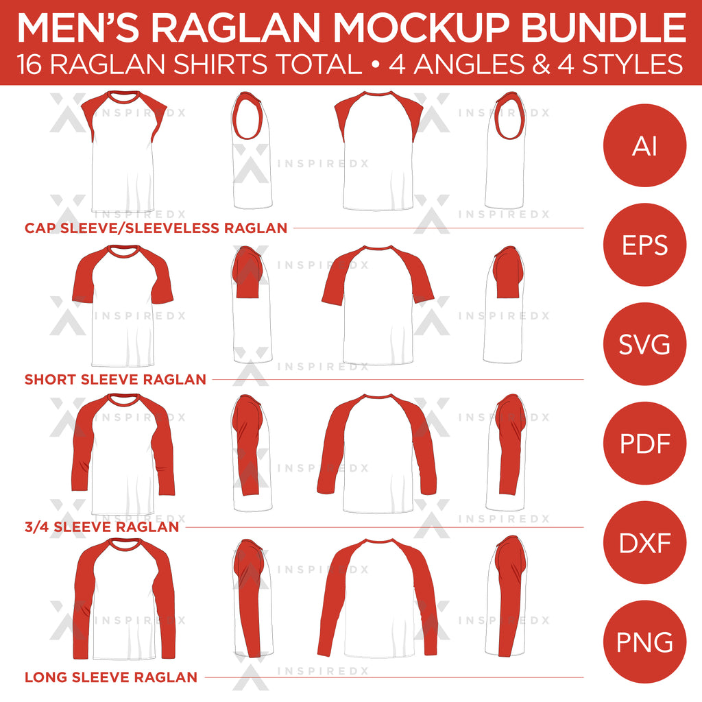 Raglan Men's Shirt Bundle - Cap Sleeve, Short Sleeve, 3/4 Sleeve and  Long Sleeve Raglans - Mockup and Template - 16 Raglan Shirts Total, 4 Angles, 4 Styles, Layered, Detailed and Editable Vector in EPS, SVG, AI, PNG, DXF and PDF