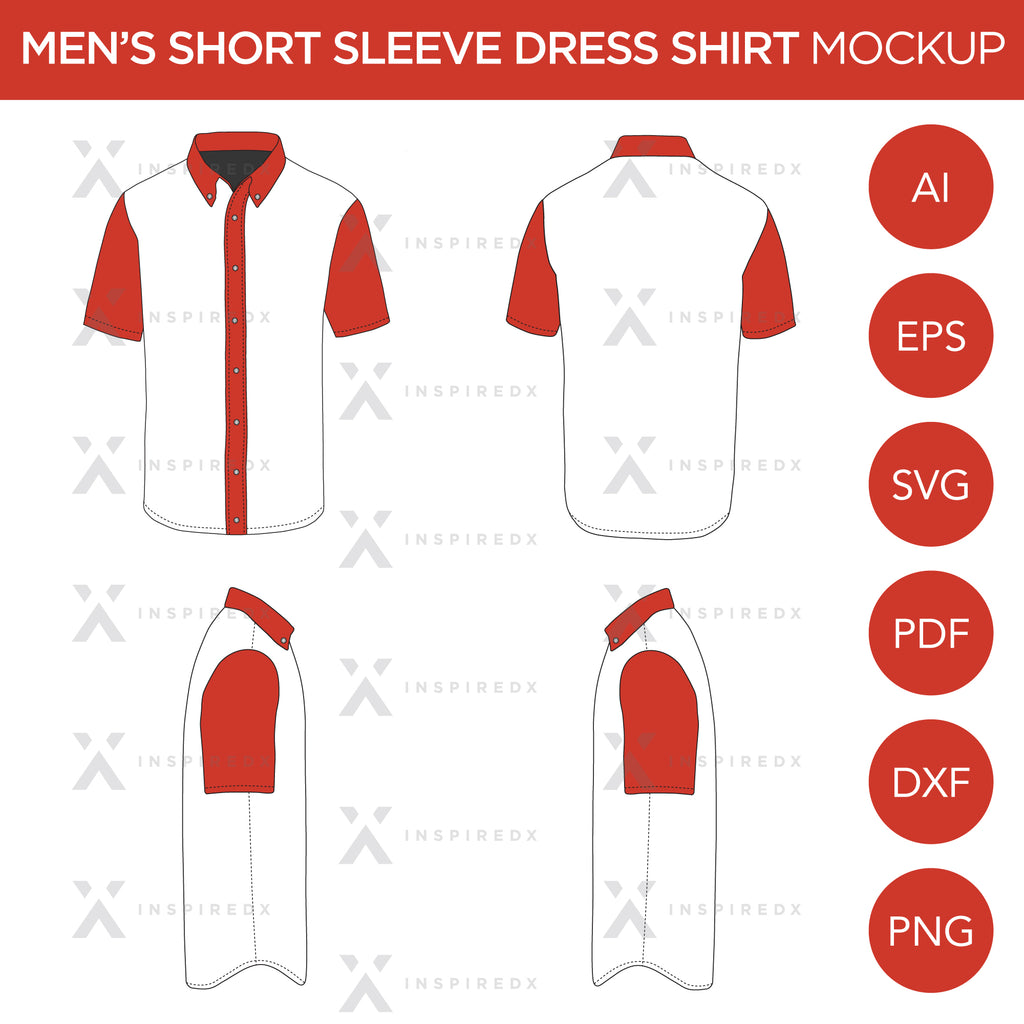 Men's Short Sleeve Dress Shirt - Mockup and Template - 4 Angles, 1 Style, Layered, Detailed and Editable Vector in EPS, SVG, AI, PNG, DXF and PDF