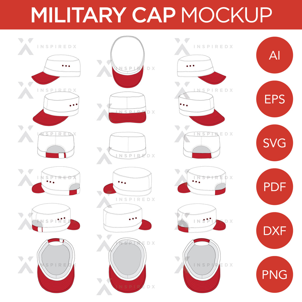 Military Army Castro Hat/Cap - Mockup and Template - 18 Angles, Layered, Detailed and Editable Vector in EPS, SVG, AI, PNG, DXF and PDF