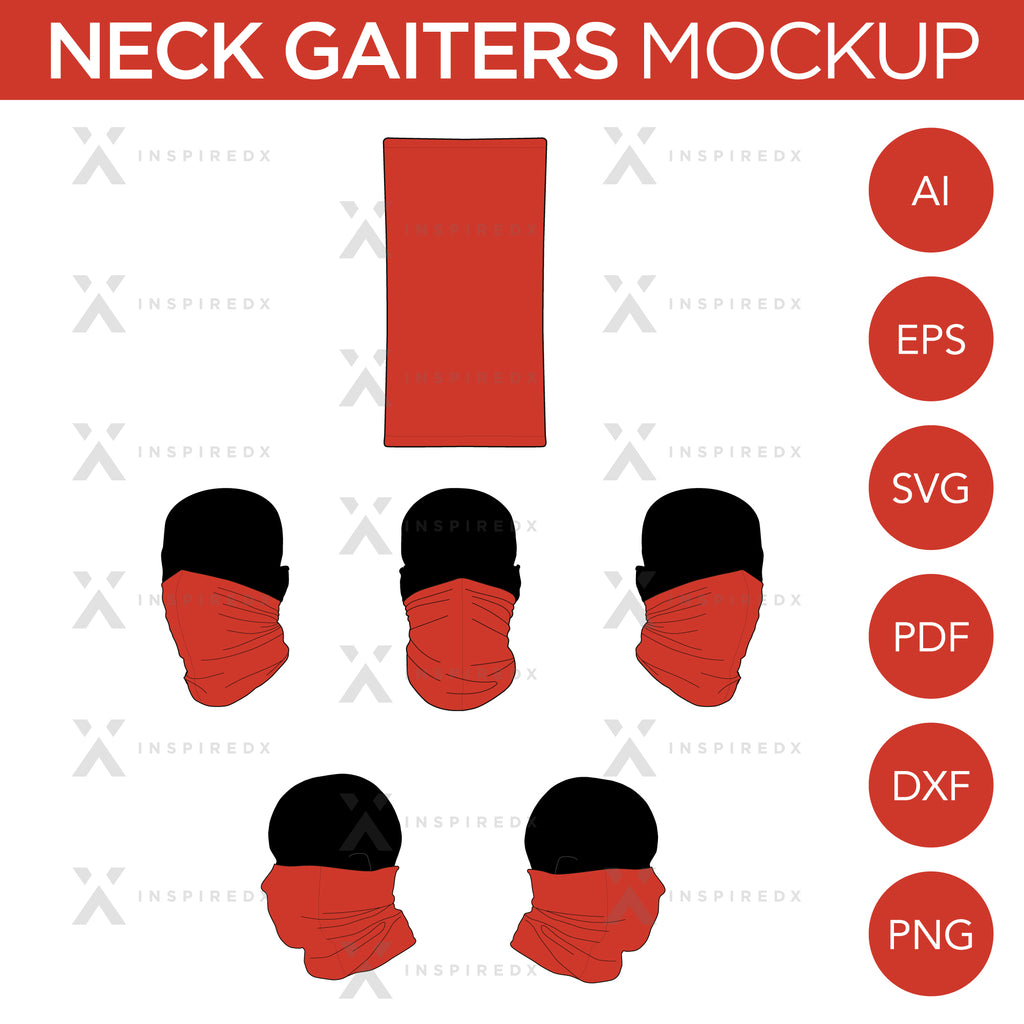 Neck Gaiters - Mockup and Template - 6 Angles, 1 Style, Layered, Detailed and Editable Vector in EPS, SVG, AI, PNG, DXF and PDF