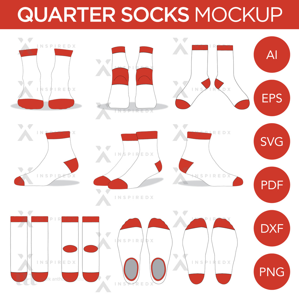 Quarter Socks - Mockup and Template - 11 Angles, Layered, Detailed and Editable Vector in EPS, SVG, AI, PNG, DXF and PDF