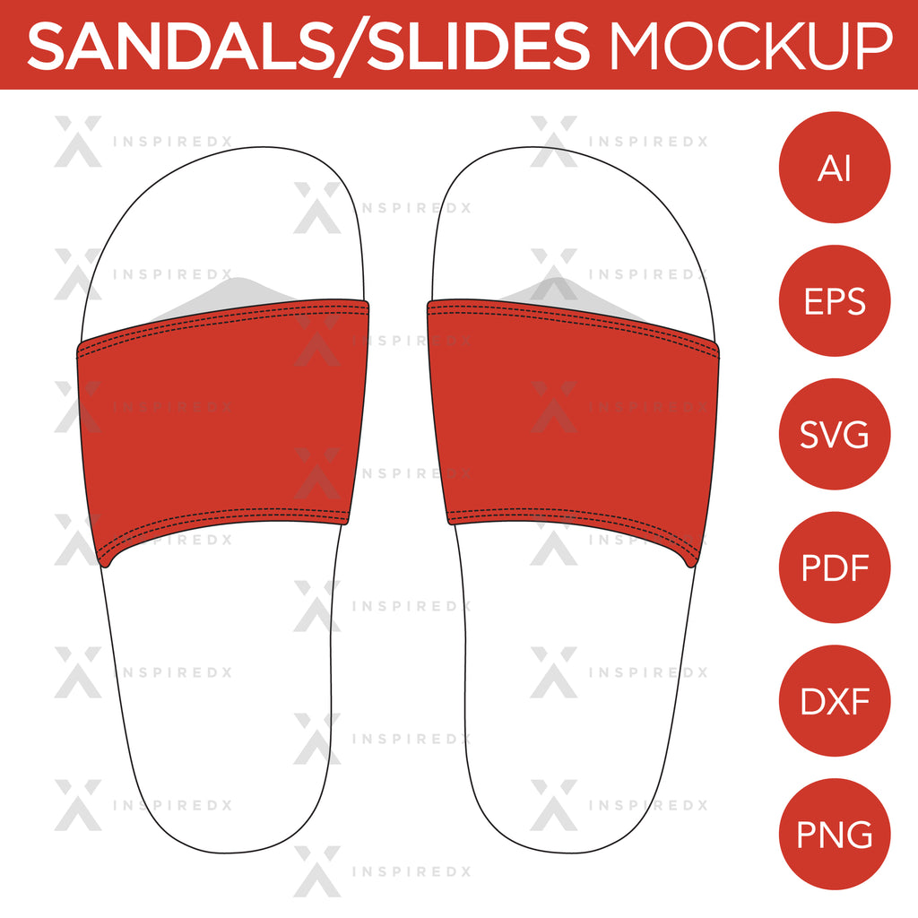 Sandals/Slides - Mockup and Template - 2 Angles, 1 Style, Layered, Detailed and Editable Vector in EPS, SVG, AI, PNG, DXF and PDF