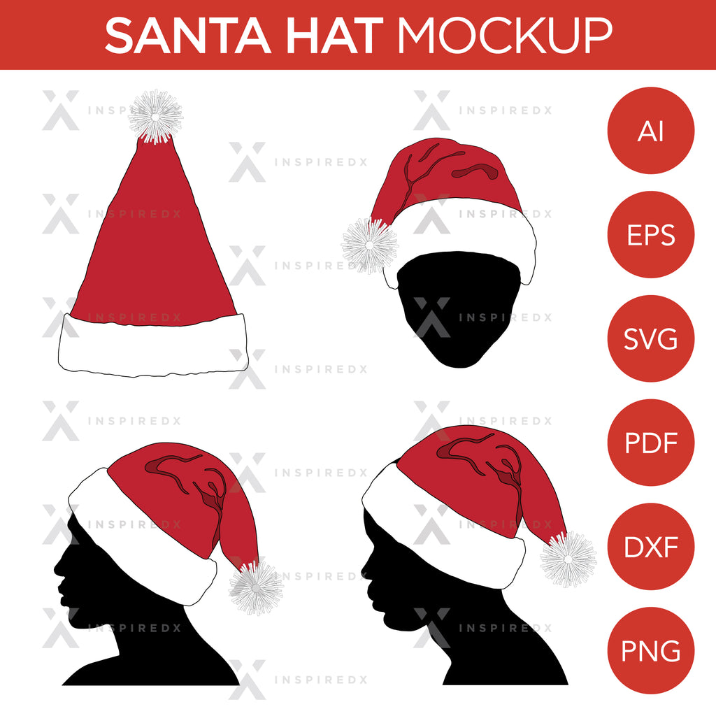 Santa Hat - Mockup and Template - 4 Angles, 1 Style, Layered, Detailed and Editable Vector in EPS, SVG, AI, PNG, DXF and PDF