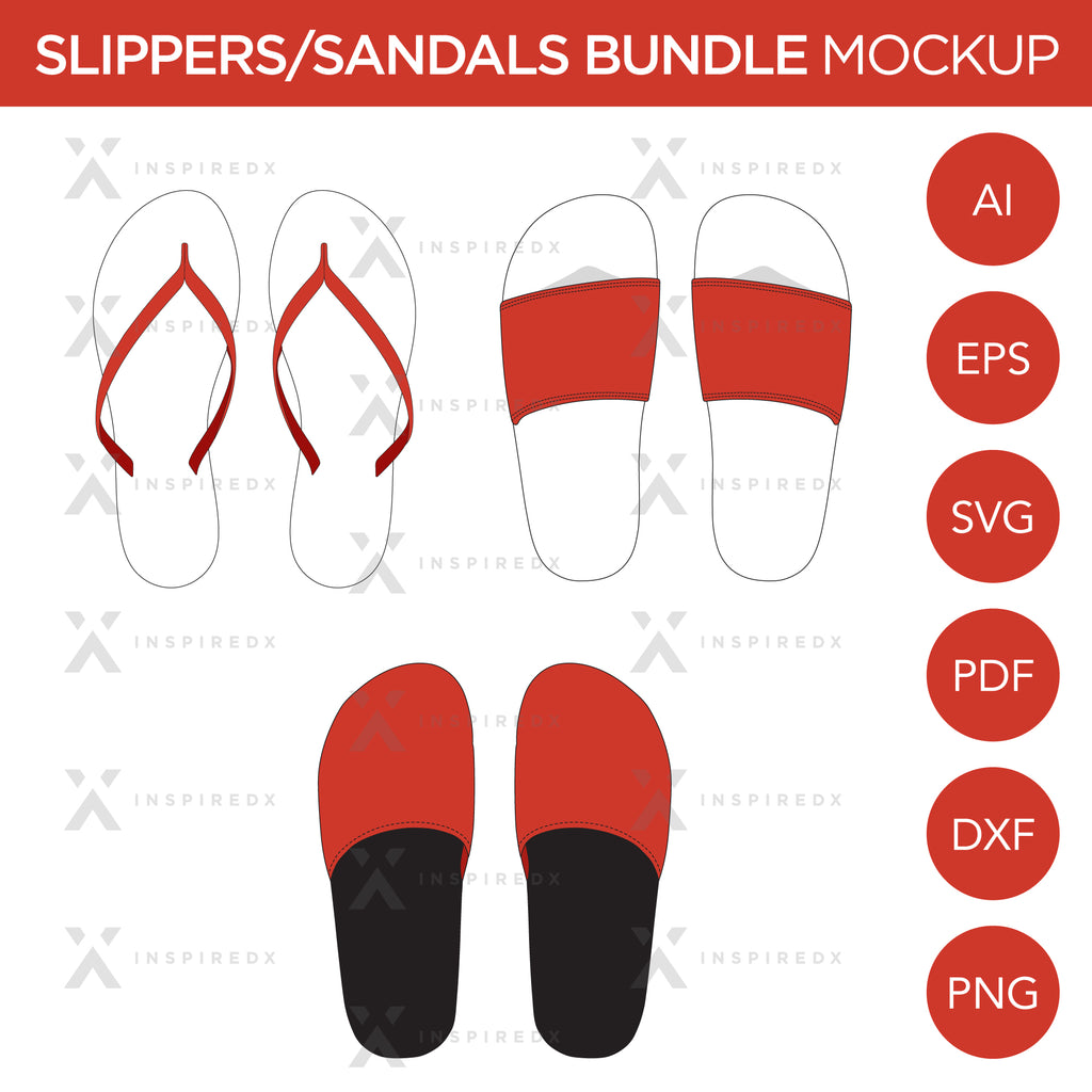 Slippers, Sandals, Flip Flops Bundle - Mockup and Template - 2 Angles, 3 Styles, Layered, Detailed and Editable Vector in EPS, SVG, AI, PNG, DXF and PDF