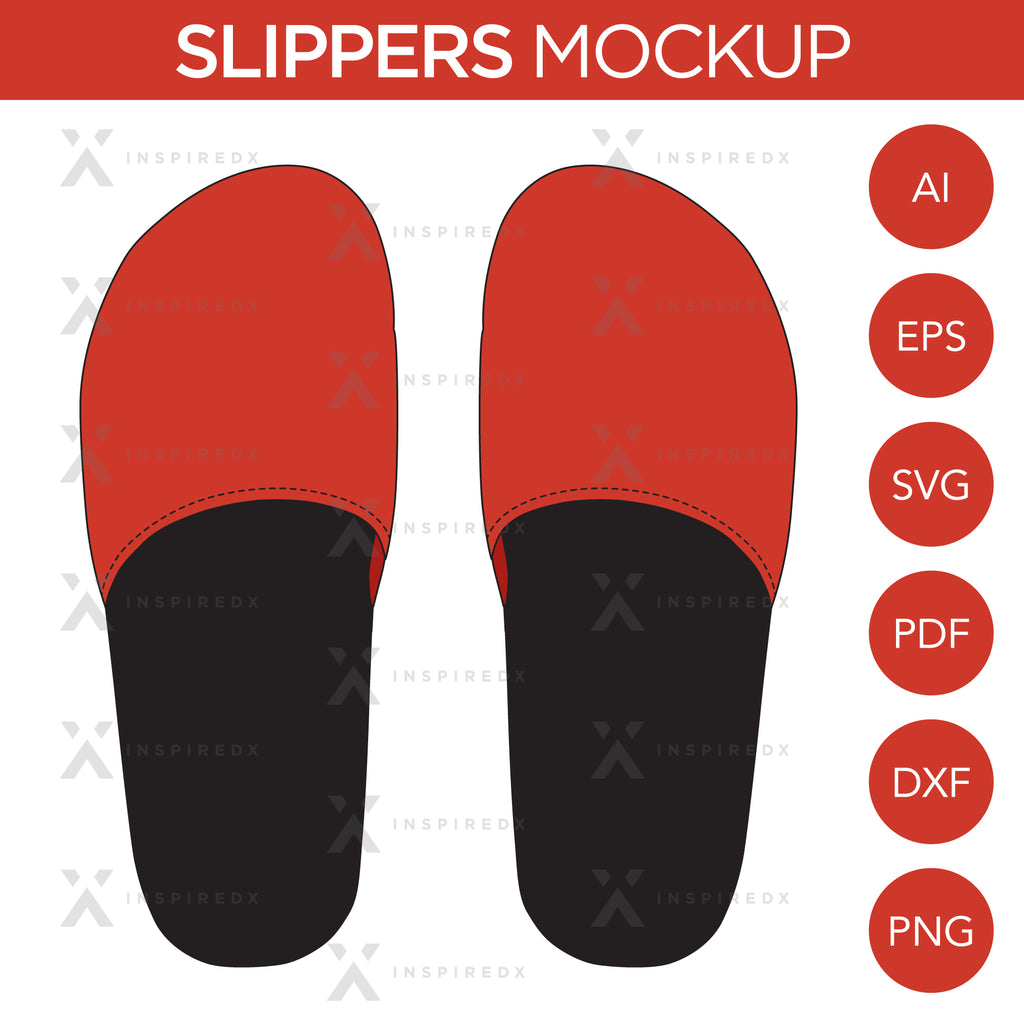 Slippers - Mockup and Template - 2 Angles, 1 Style, Layered, Detailed and Editable Vector in EPS, SVG, AI, PNG, DXF and PDF