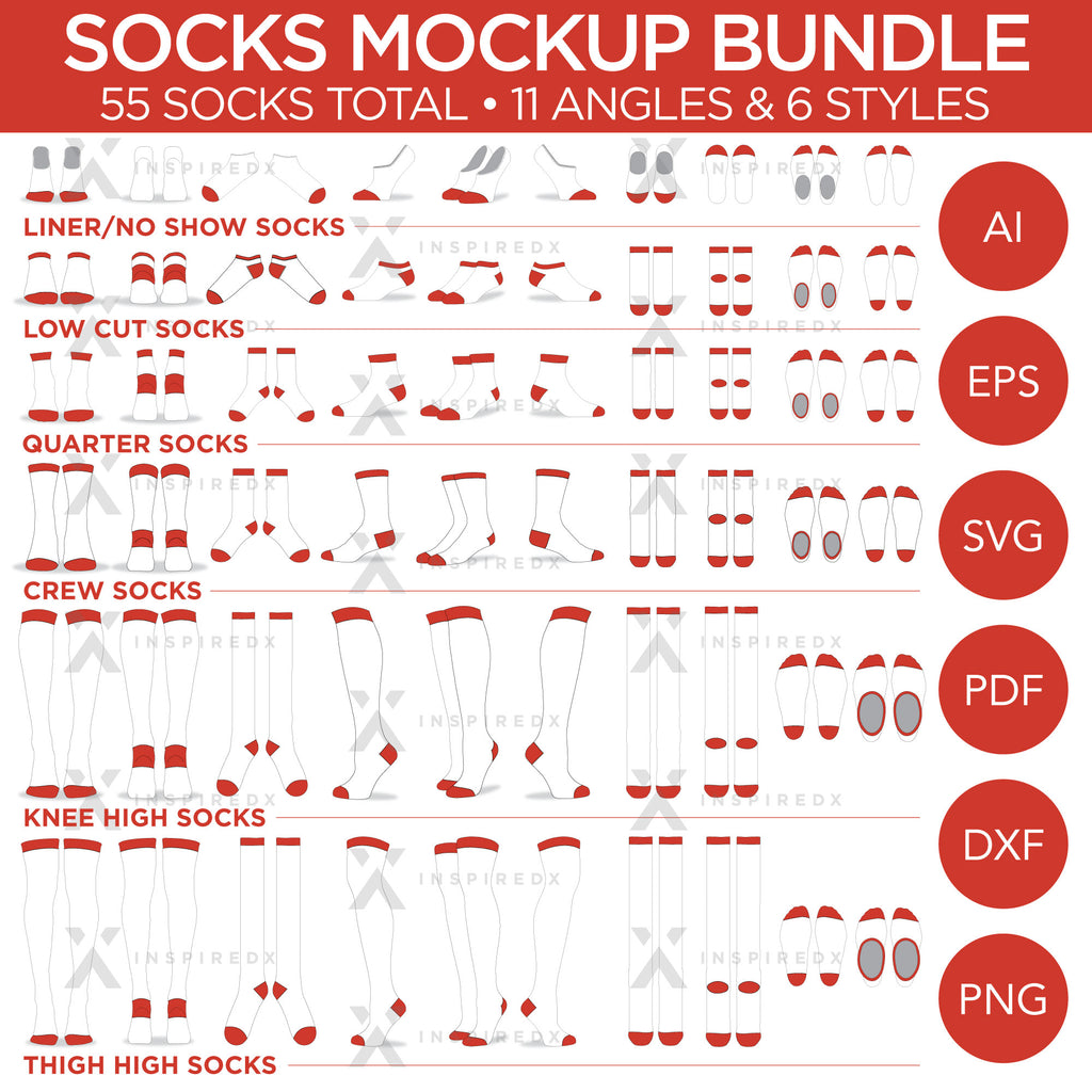 Socks Bundle - Mockup and Template - 55 Total, 11 Angles, 6 Styles, Layered, Detailed and Editable Vectors in EPS, SVG, AI, PNG, DXF and PDF