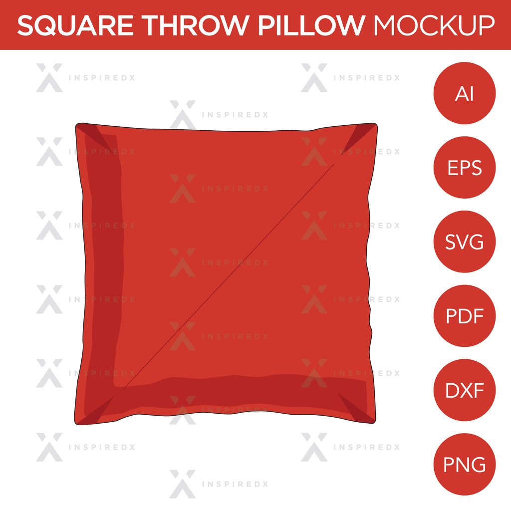 Square Throw Pillow - Mockup and Template - 1 Angles, 1 Style, Layered, Detailed and Editable Vector in EPS, SVG, AI, PNG, DXF and PDF