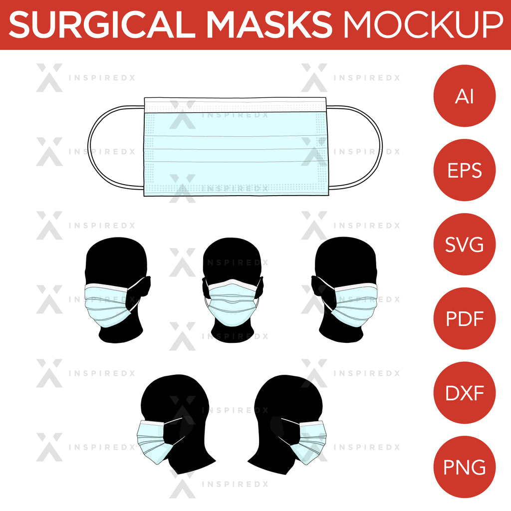 Surgical Masks - Mockup and Template - 6 Angles, 1 Style, Layered, Detailed and Editable Vector in EPS, SVG, AI, PNG, DXF and PDF