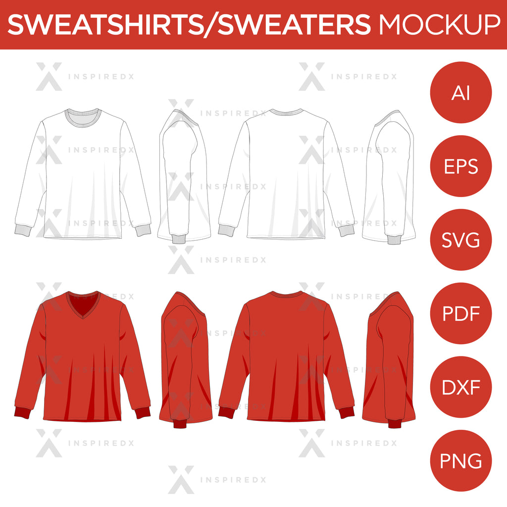 Sweatshirts & Sweaters - Mockup and Template - 8 Angles, 2 Styles, Layered, Detailed and Editable Vector in EPS, SVG, AI, PNG, DXF and PDF