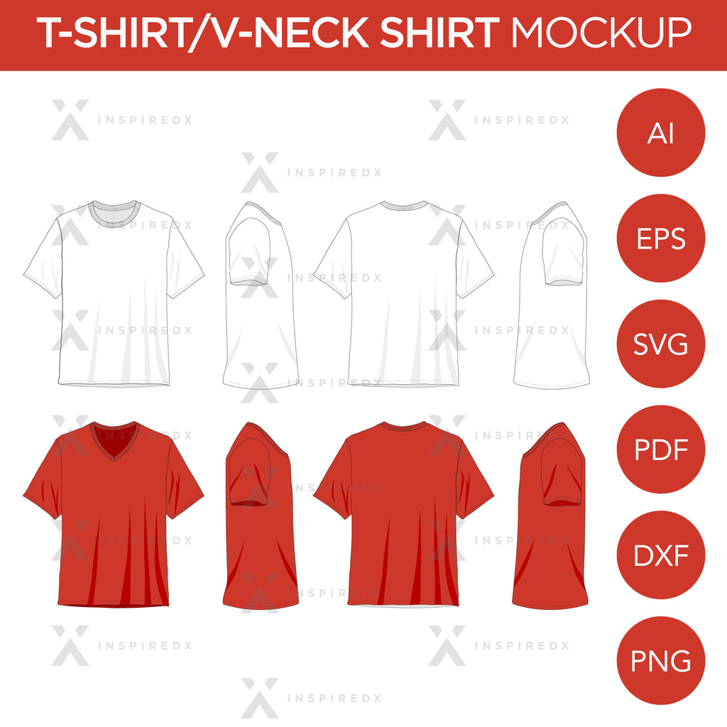 T-Shirts and V-Neck Shirts - Mockup and Template - 8 Angles, 2 Styles, Layered, Detailed and Editable Vector in EPS, SVG, AI, PNG, DXF and PDF