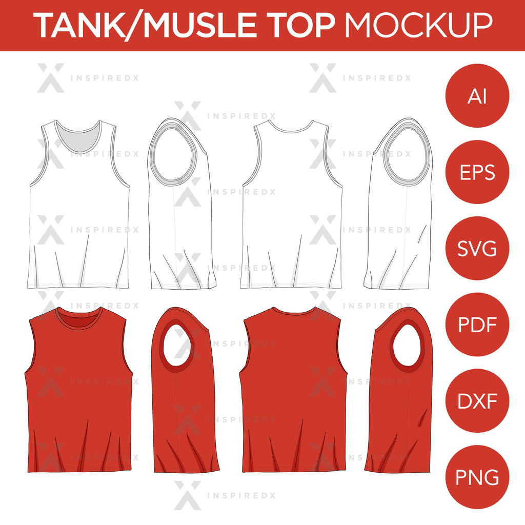 Tank Tops and Muscle Shirt Tops - Mockup and Template - 5 Angles, 1 Styles, Layered, Detailed and Editable Vector in EPS, SVG, AI, PNG, DXF and PDF