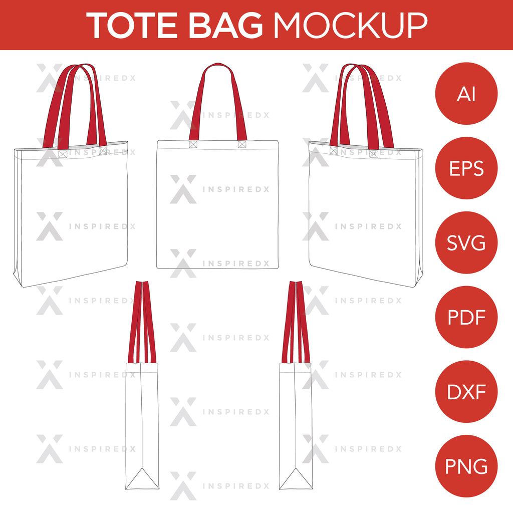 Tote Bag - Mockup and Template - 8 Angles, Layered, Detailed and Editable Vector in EPS, SVG, AI, PNG, DXF and PDF