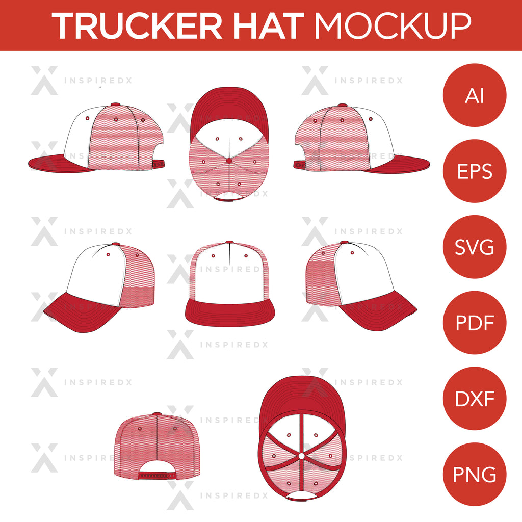 Trucker Hat - Mockup and Template - 8 Angles, Layered, Detailed and Editable Vector in EPS, SVG, AI, PNG, DXF and PDF