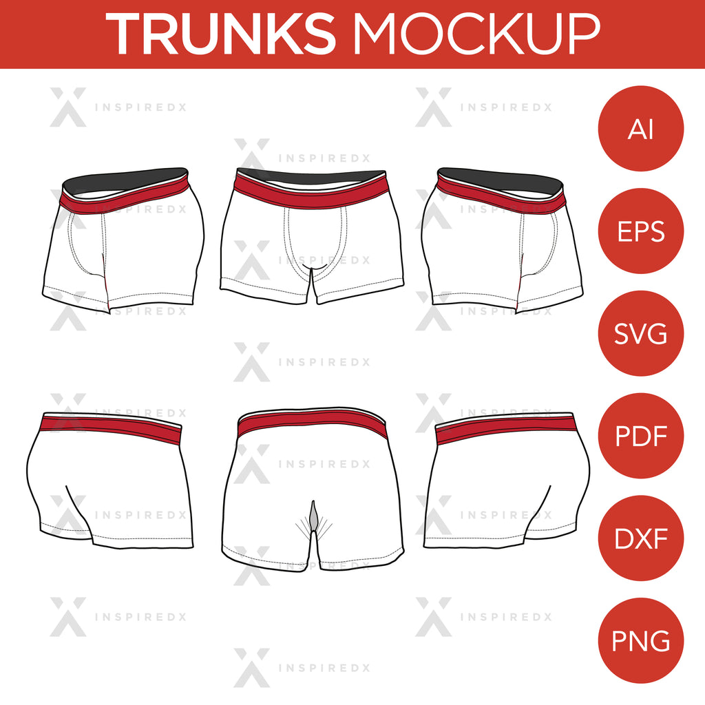 Trunks - Mockup and Template - 6 Angles, 1 Style, Layered, Detailed and Editable Vector in EPS, SVG, AI, PNG, DXF and PDF