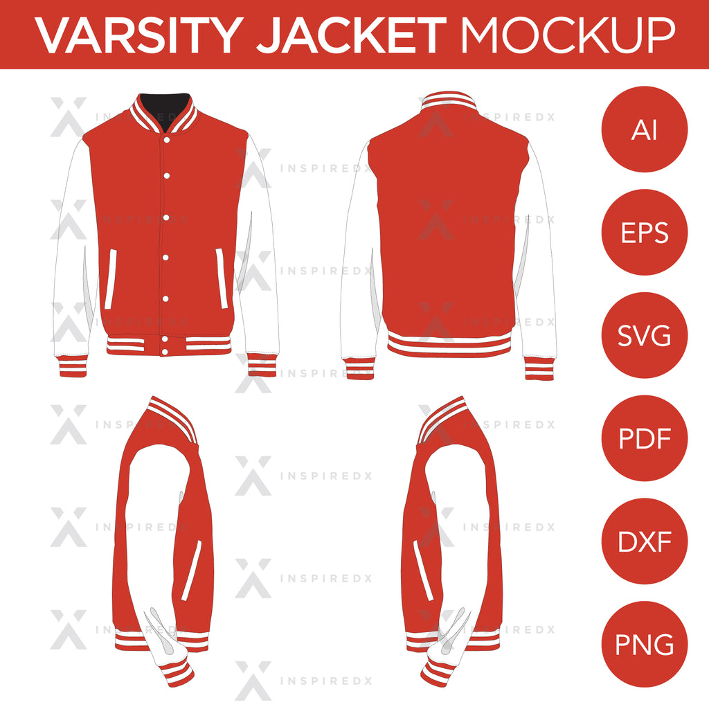 Varsity Jacket - Mockup and Template - 4 Angles, 1 Style, Layered, Detailed and Editable Vector in EPS, SVG, AI, PNG, DXF and PDF