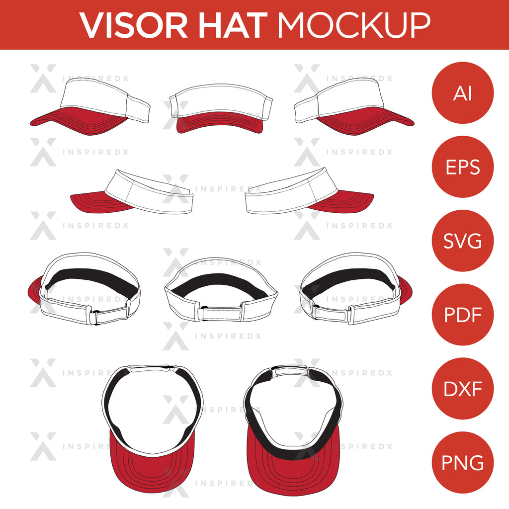 Visor Sports Hat - Golf, Tennis, Volleyball - Mockup and Template - 10 Angles, Layered, Detailed and Editable Vector in EPS, SVG, AI, PNG, DXF and PDF