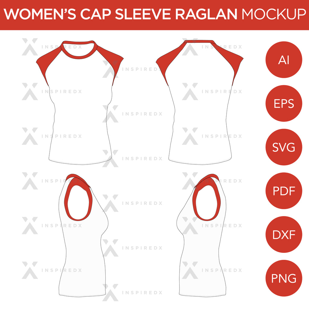 Raglan Women's Cap Sleeve/Sleeveless Shirt - Mockup and Template - 4 Angles, 1 Style, Layered, Detailed and Editable Vector in EPS, SVG, AI, PNG, DXF and PDF