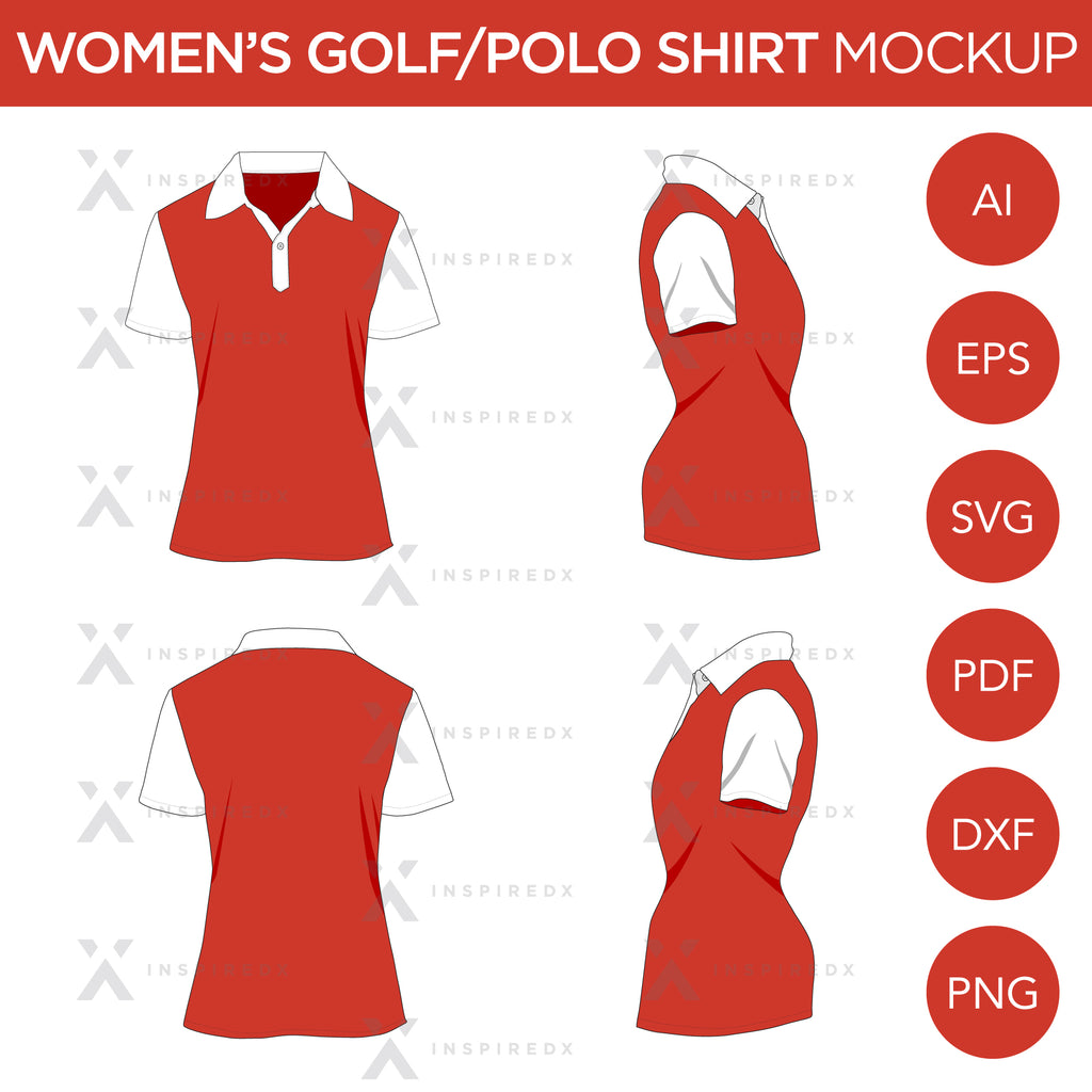 Women's Golf/Polo Shirt - Mockup and Template - 4 Angles, 1 Style, Layered, Detailed and Editable Vector in EPS, SVG, AI, PNG, DXF and PDF