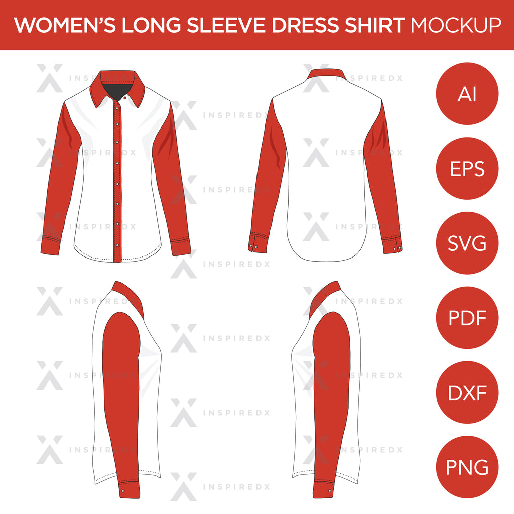 Women's Long Sleeve Dress Shirt - Mockup and Template - 4 Angles, 1 Style, Layered, Detailed and Editable Vector in EPS, SVG, AI, PNG, DXF and PDF