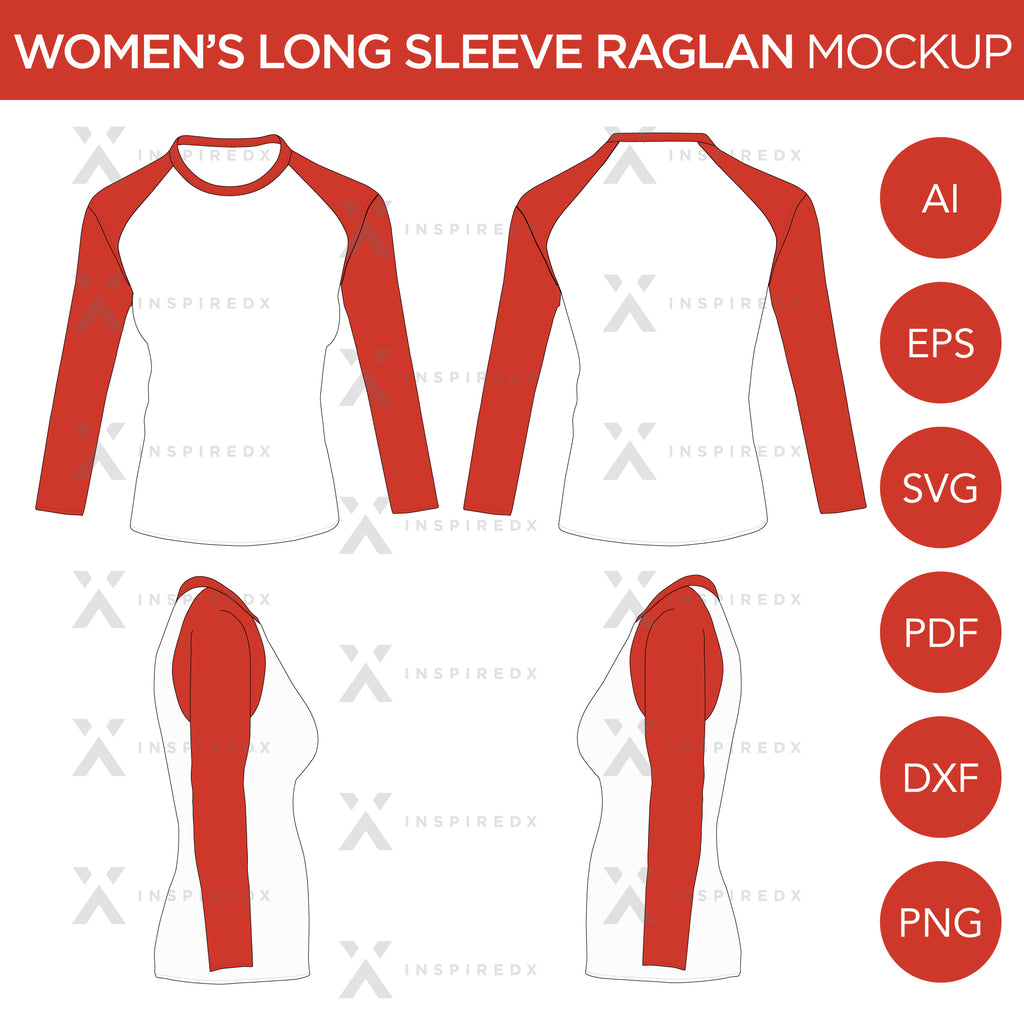 Raglan Women's Long Sleeve Shirt - Mockup and Template - 4 Angles, 1 Style, Layered, Detailed and Editable Vector in EPS, SVG, AI, PNG, DXF and PDF