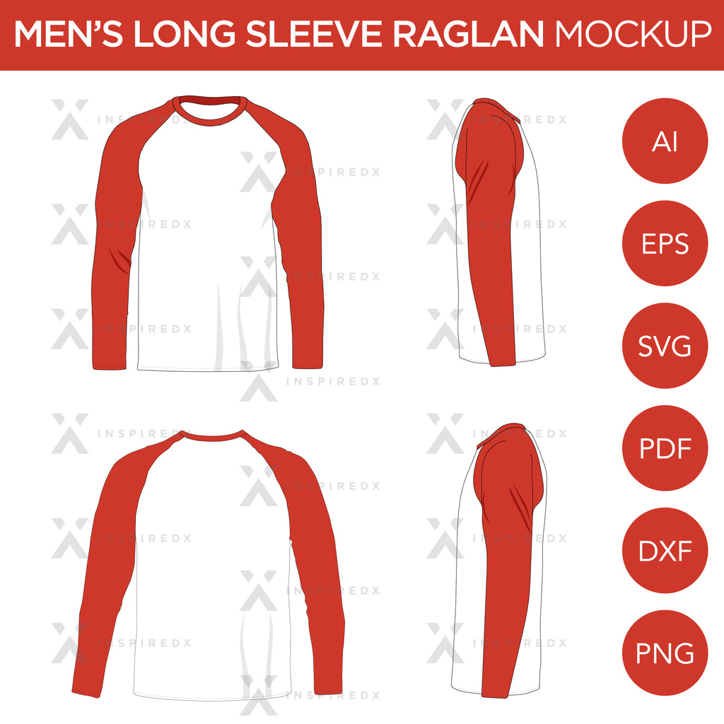Raglan Men's Long Sleeve Shirt - Mockup and Template - 4 Angles, 1 Style, Layered, Detailed and Editable Vector in EPS, SVG, AI, PNG, DXF and PDF