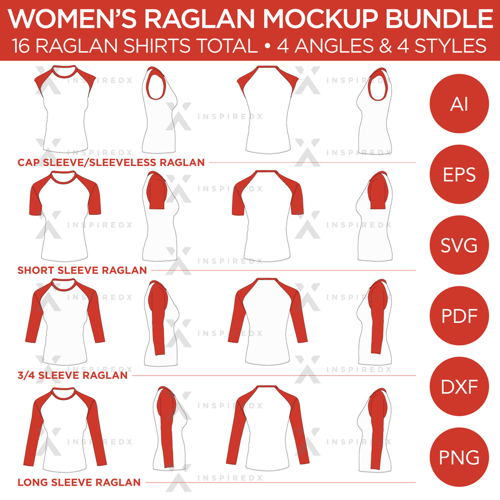 Raglan Women's Shirt Bundle - Cap Sleeve, Short Sleeve, 3/4 Sleeve and  Long Sleeve Raglans - Mockup and Template - 16 Raglan Shirts Total, 4 Angles, 4 Styles, Layered, Detailed and Editable Vector in EPS, SVG, AI, PNG, DXF and PDF