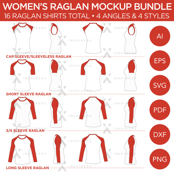 Raglan Women's Shirt Bundle - Cap Sleeve, Short Sleeve, 3/4 Sleeve and  Long Sleeve Raglans - Mockup and Template