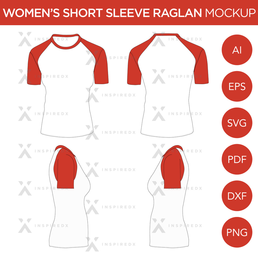 Raglan Women's Short Sleeve Shirt - Mockup and Template - 4 Angles, 1 Style, Layered, Detailed and Editable Vector in EPS, SVG, AI, PNG, DXF and PDF