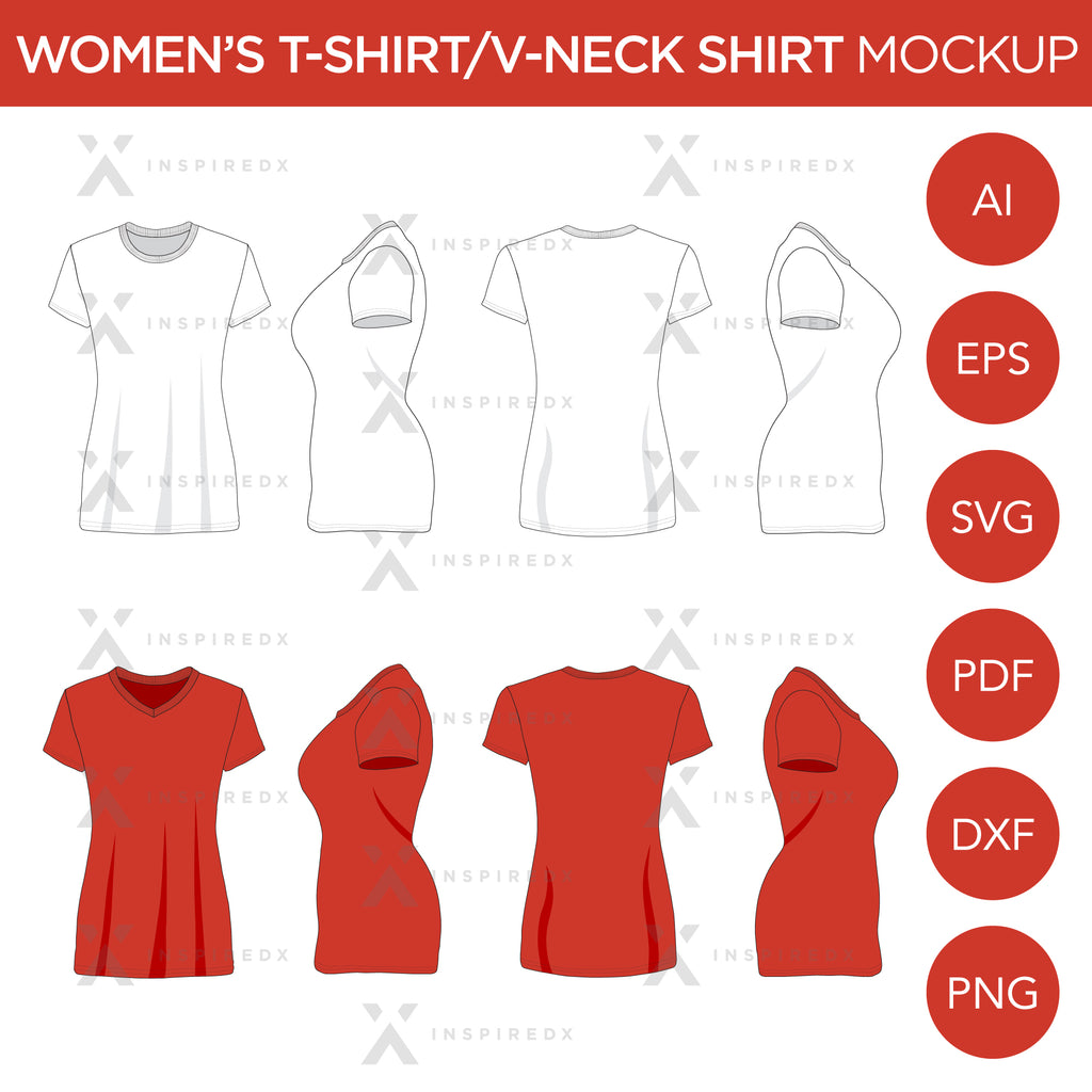 Women's T-Shirts and V-Neck Shirts - Mockup and Template - 8 Angles, 2 Styles, Layered, Detailed and Editable Vector in EPS, SVG, AI, PNG, DXF and PDF