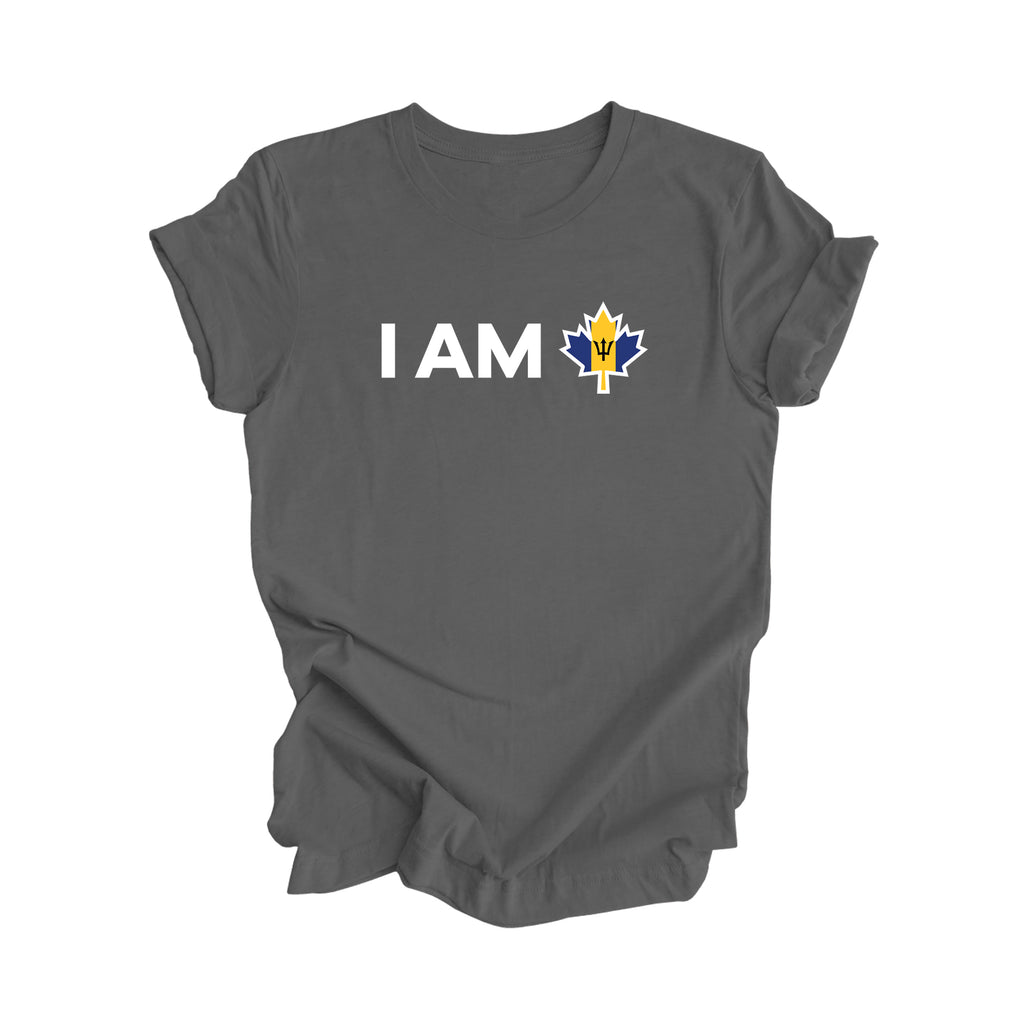 I Am Canada - Canadian Maple Leaf with Barbados Flag, Canadian Gift T-Shirt, Barbados Present, National Flag Tee Shirt - Inspired X